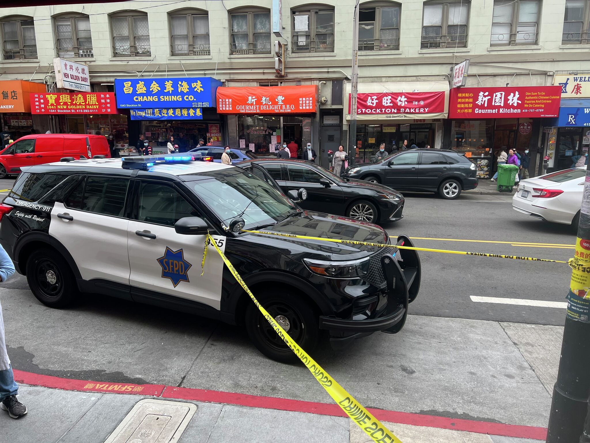 Suspect detained after life-threatening stabbing at SF Chinatown bakery.
