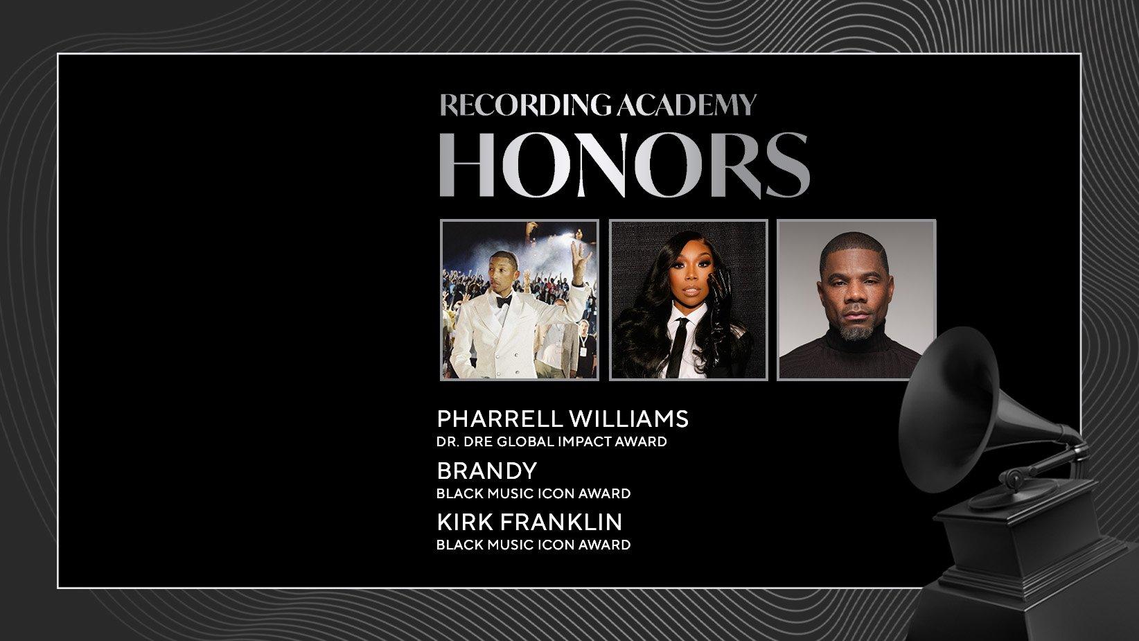 Featured image for Recording Academy Celebrates Pharrell Williams, Brandy, and Kirk Franklin at Grammy Week