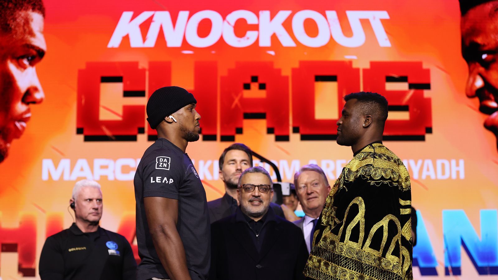 Featured image for "Intense Face-Off: Anthony Joshua and Francis Ngannou Clash in London Press Conference"