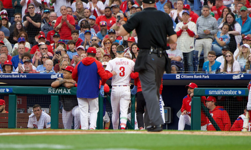 Featured image for Bryce Harper Leaves Game After HBP; X-Rays Negative