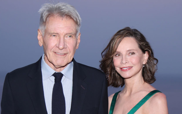 "Calista Flockhart Shines in Emerald Satin Dress with Harrison Ford"