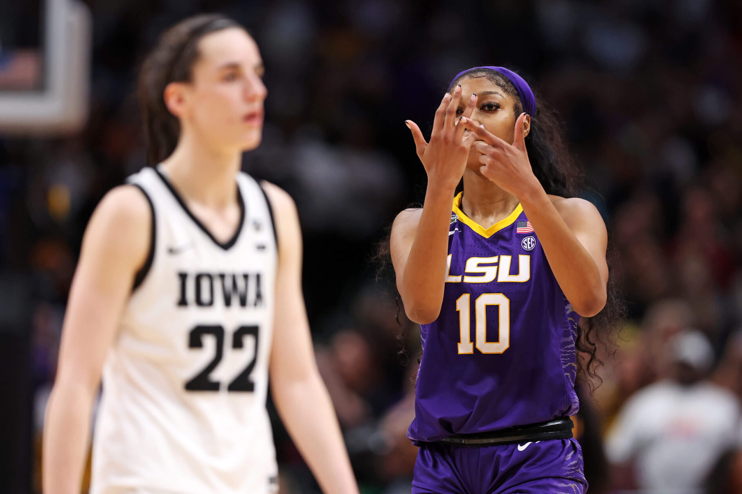 Featured image for "Trash-Talking Rematch: Caitlin Clark and Angel Reese Face Off in Iowa vs. LSU Elite Eight Showdown"