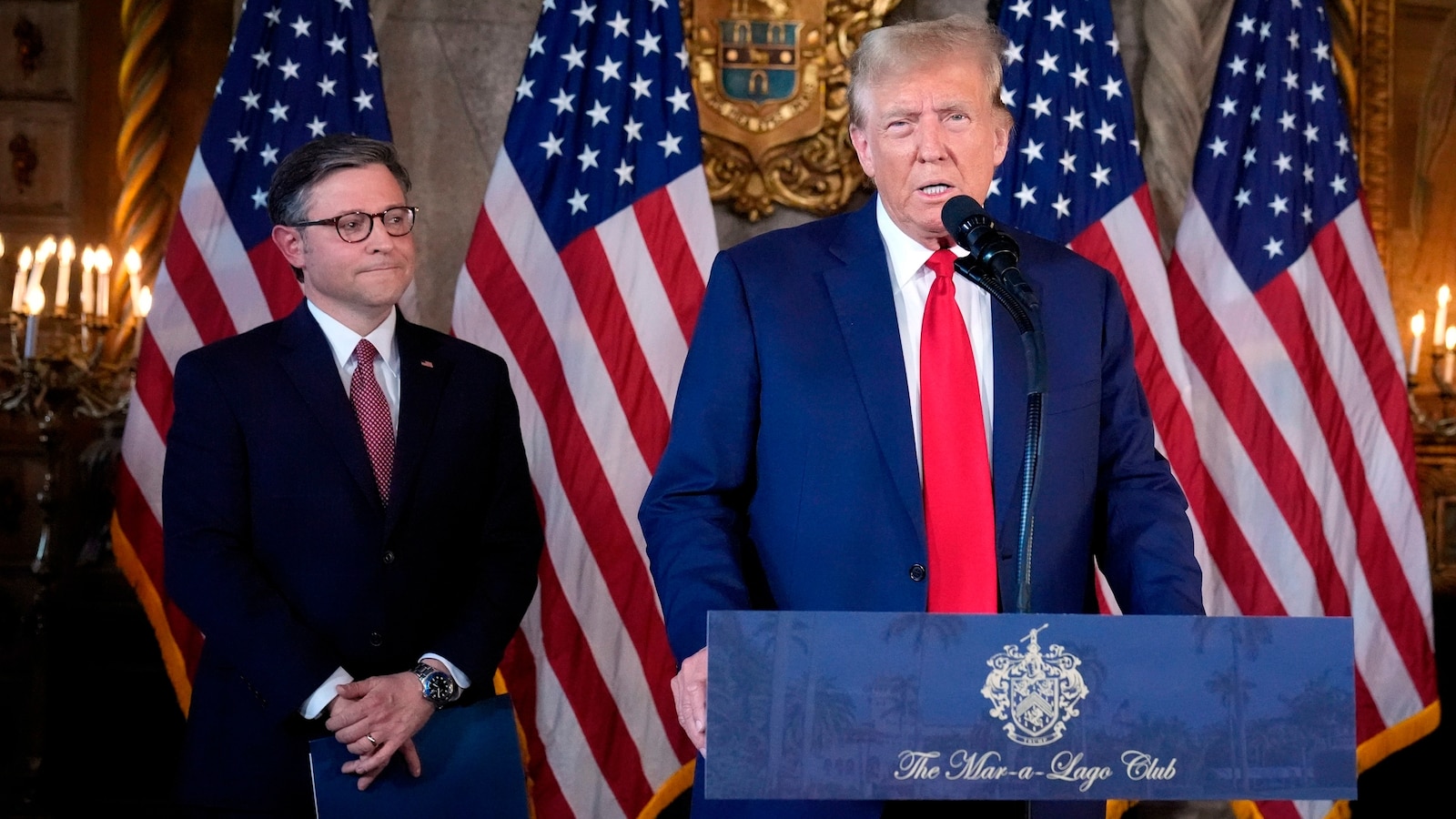 "Trump and Mike Johnson Unite at Mar-a-Lago Amid Speaker Threat"