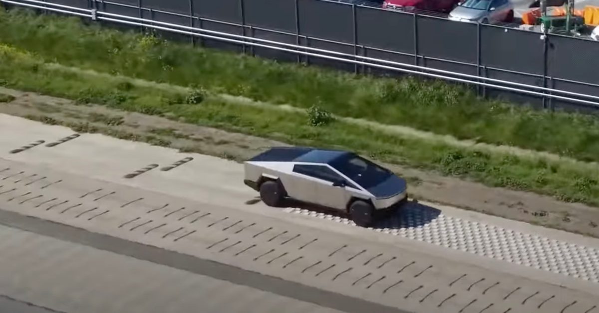 Tesla's Cybertruck undergoes rigorous suspension testing at Fremont factory.