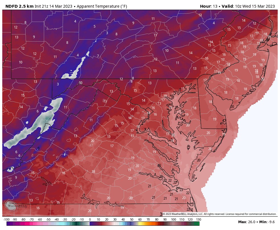 Gusty winds and cold temperatures persist in mid-Atlantic region.