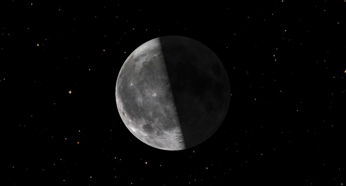 Half-lit last quarter moon shines bright tonight.