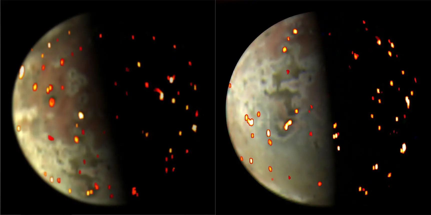 NASA's Juno spacecraft captures stunning images of Jupiter's volcanic moon Io.