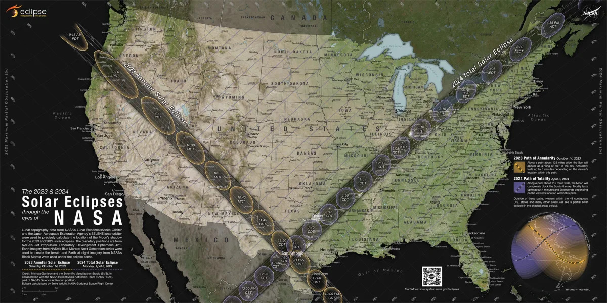 NASA's Map Guides Viewing of 2023 and 2024 US Solar Eclipses.