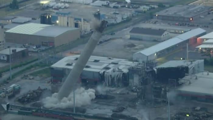 Iconic Detroit smokestack demolished in fiery explosion.