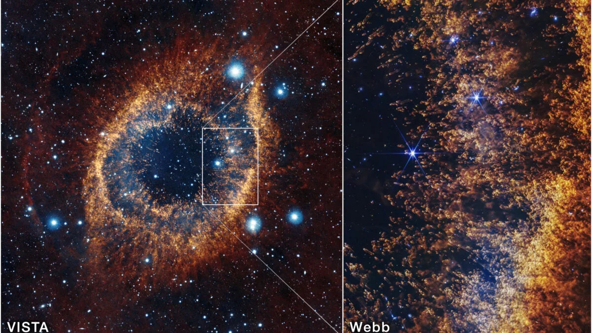 Webb Zooms In on Helix Nebula, Unveiling Fiery Pillars Around a Dying Star