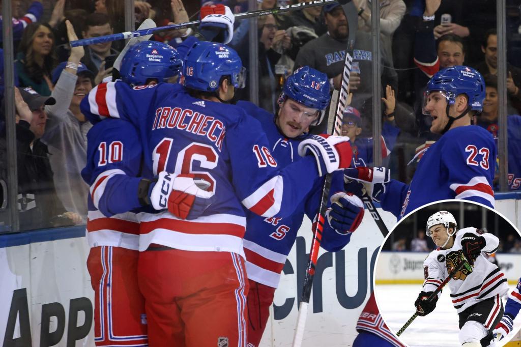 "Rangers Overpower Blackhawks 4-1, Overshadowing Bedard's Debut"