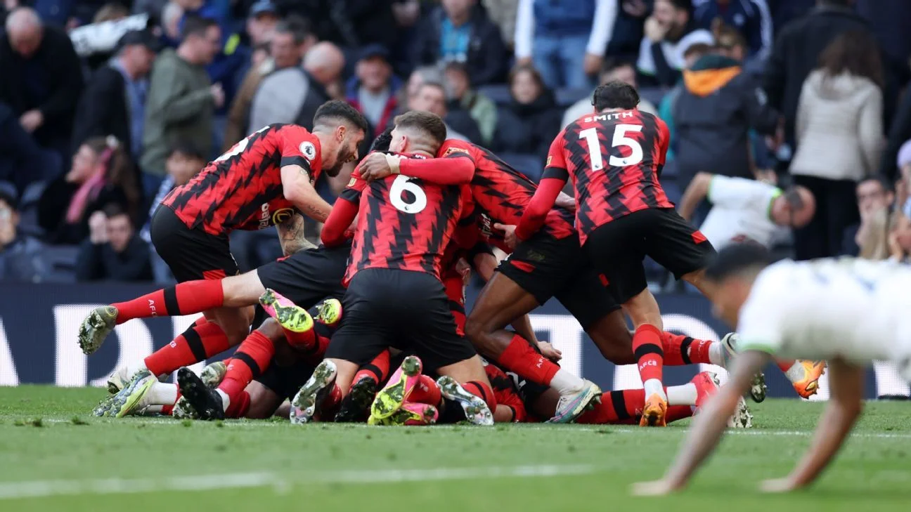 Bournemouth stuns Tottenham with 3-2 victory.