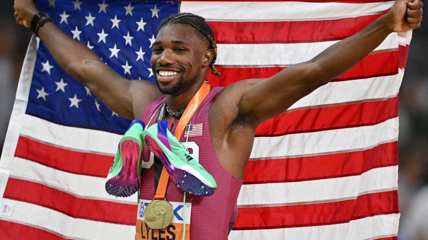 Featured image for Noah Lyles dominates track worlds with sprint double, Jackson impresses with near-record run
