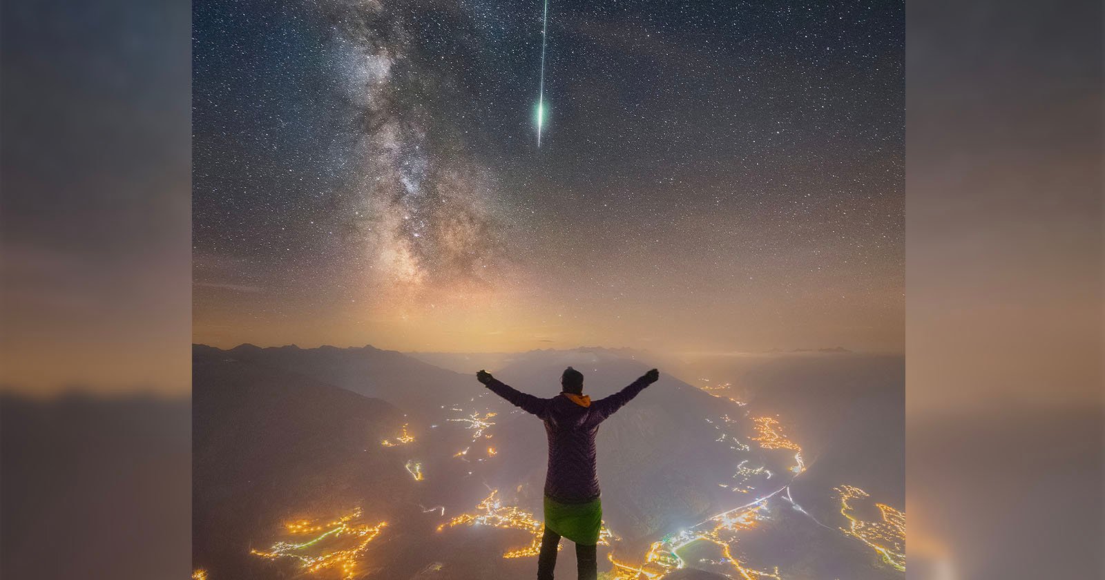 Featured image for Stunning Night Sky Shot: Shooting Star and Milky Way Captured from Mountain Summit