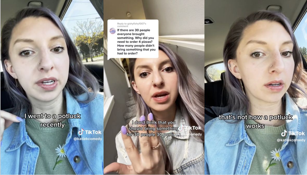 TikTok reacts to woman shaming man for bringing one pizza to potluck.