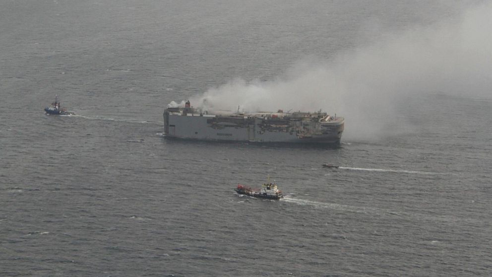 Featured image for "Burning cargo ship relocated off Dutch coast as salvage crews take action"