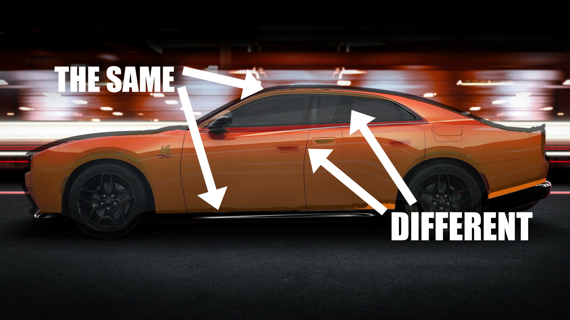 Featured image for "Dodge Unveils Electric Muscle Car with Gas Engine Option and Identical Coupe/Sedan Length"