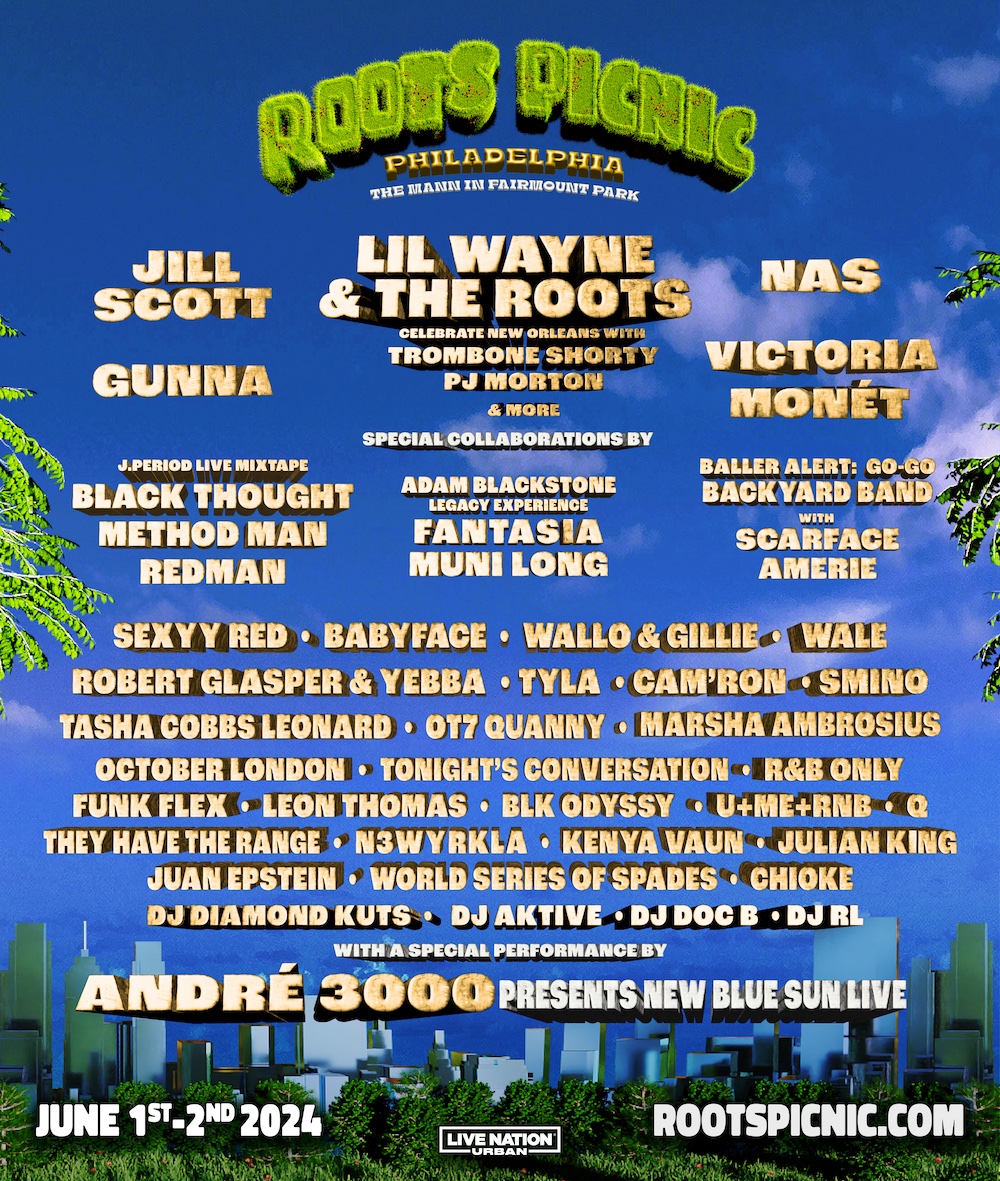 Featured image for "Roots Picnic 2024 Lineup Revealed: Lil Wayne, André 3000, Jill Scott, and More!"