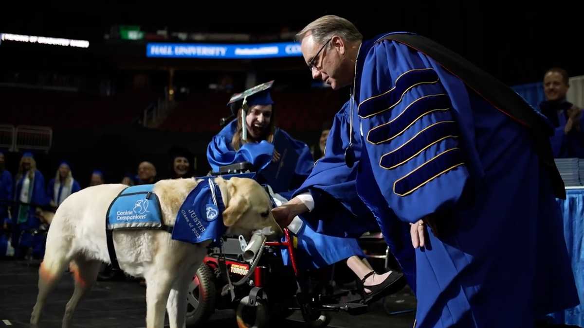 Featured image for Service dog graduates alongside owner at college ceremony.