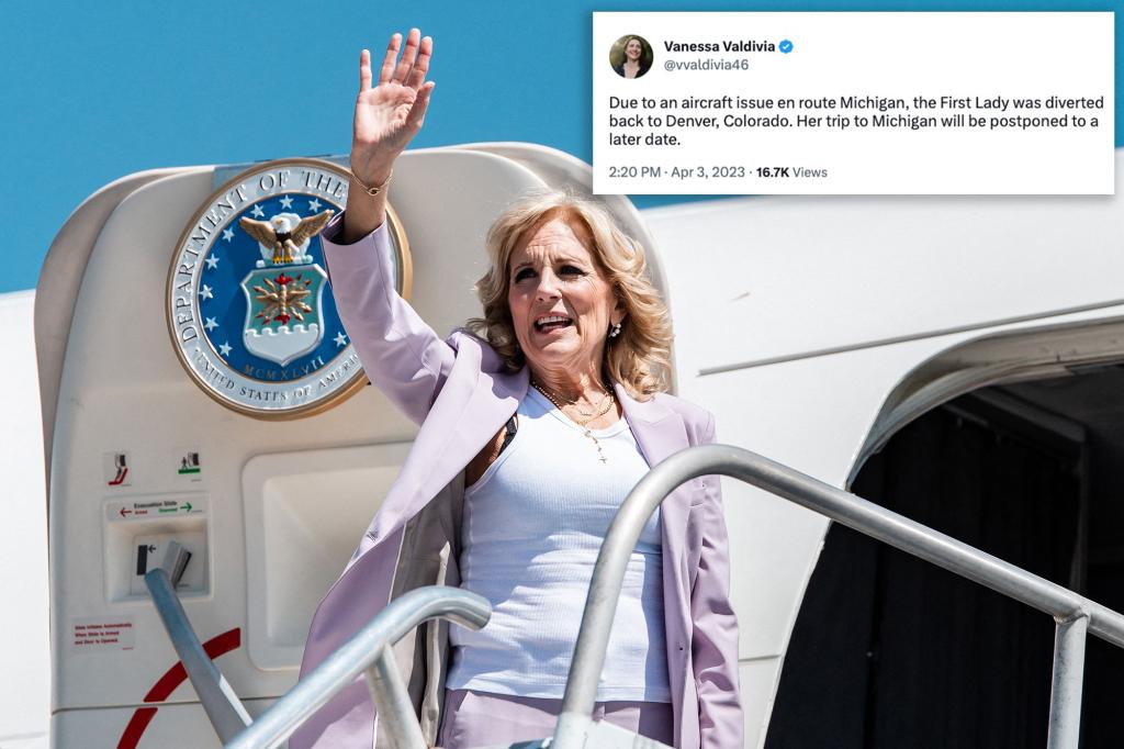 Jill Biden's Denver trip disrupted by aircraft issue.