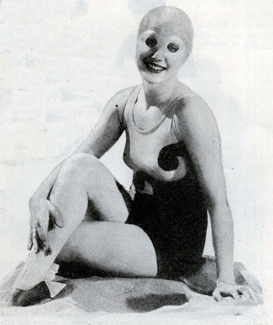 "Quirky Vintage Swim Cap: A Dubious Eye Protection Solution"