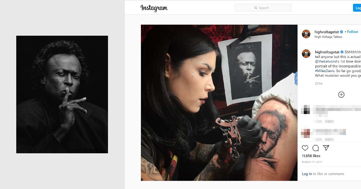 Featured image for "Copyright Trial Pits Kat Von D Against Photographer Over Miles Davis Tattoo"