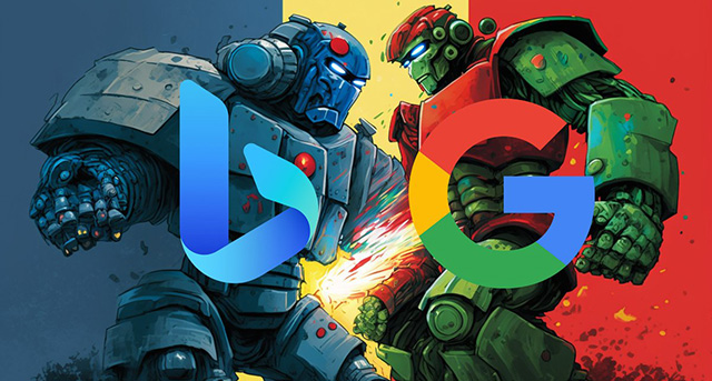 Featured image for Microsoft Bing's ChatGPT pulls ahead of Google's Bard in search battle.