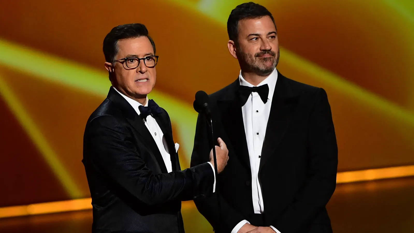 Featured image for Kimmel and Colbert Exchange Jokes and Surprises on Each Other's Shows