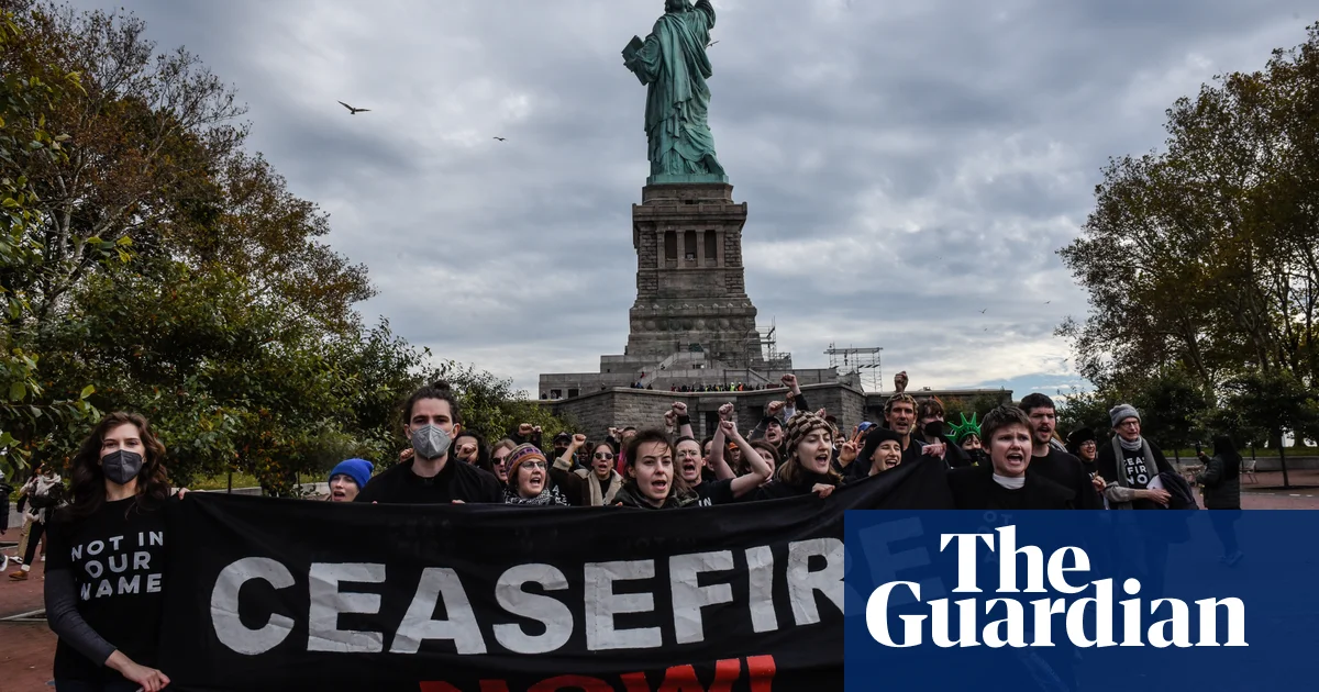 Featured image for "Protesters Demand Gaza Ceasefire at Statue of Liberty and San Diego Office"