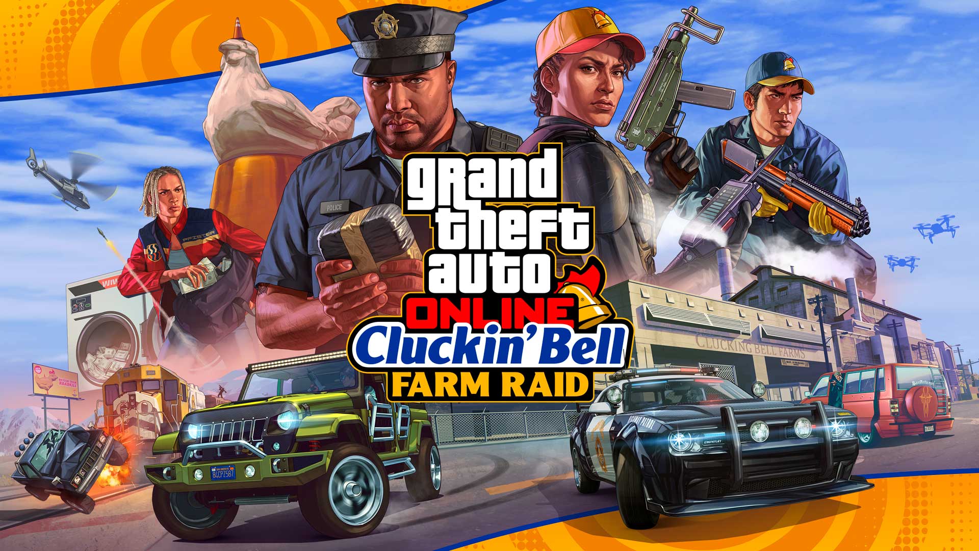 Featured image for "Rockstar Games Unveils The Cluckin’ Bell Farm Raid for GTA Online"