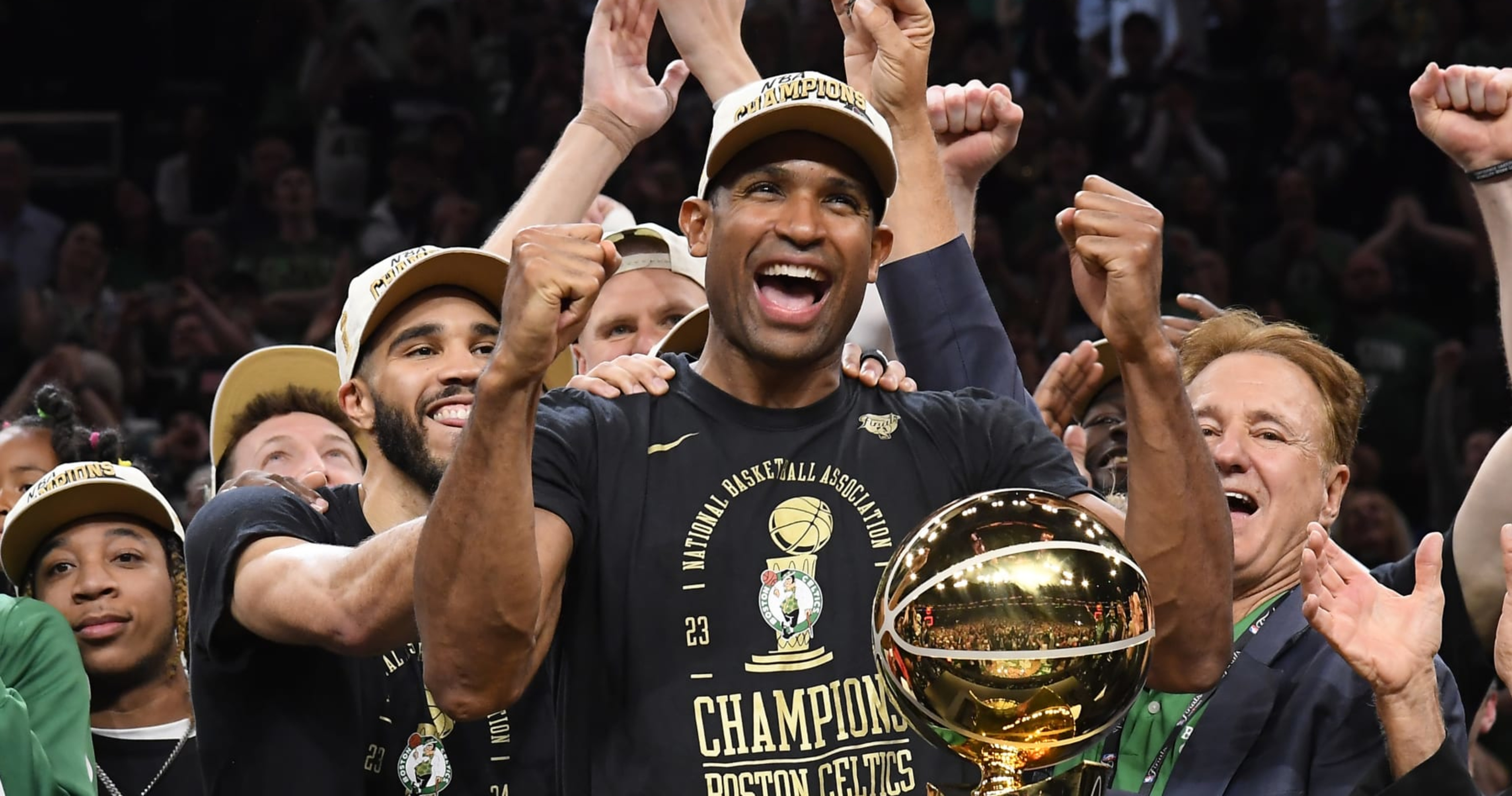 Featured image for "Tom Brady Cheers Al Horford's Drunk Brady Shirt at Celtics Parade"