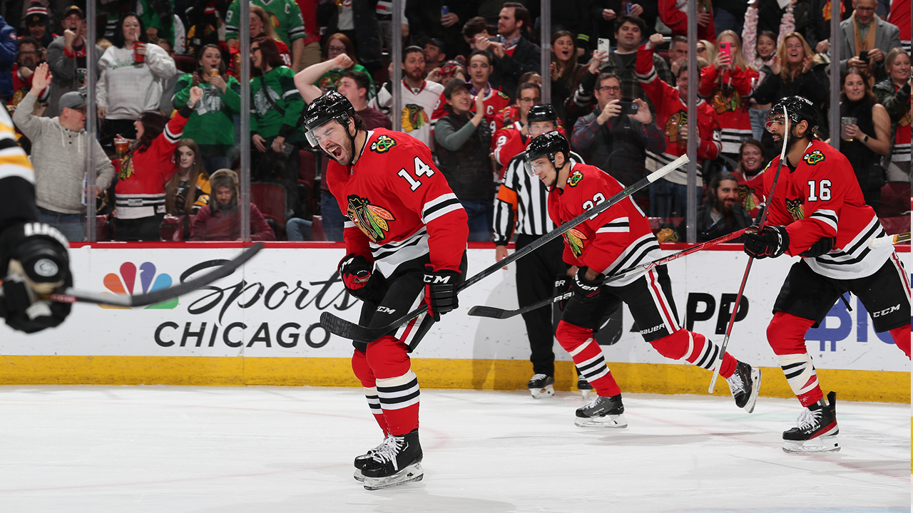 Featured image for Blackhawks stun Bruins with Raddysh's hat trick in upset win.