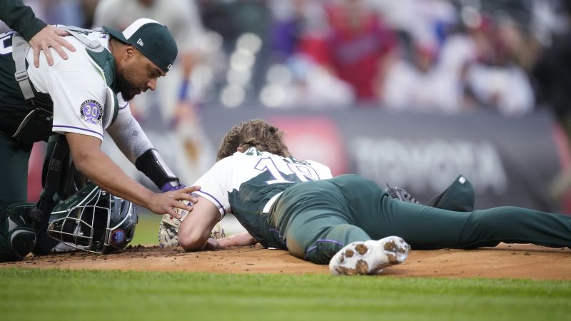 Rockies pitcher Ryan Feltner hospitalized with skull fracture and concussion after line drive incident.