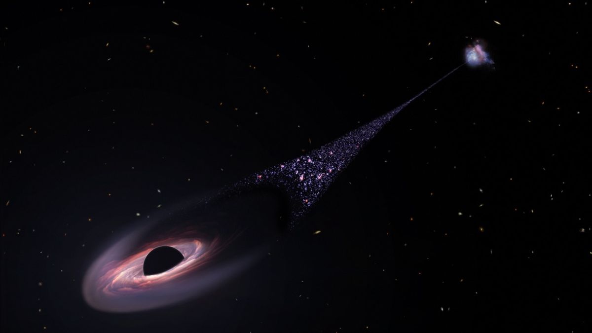 Featured image for Runaway Black Hole Leaves Trail of Infant Stars in Its Wake