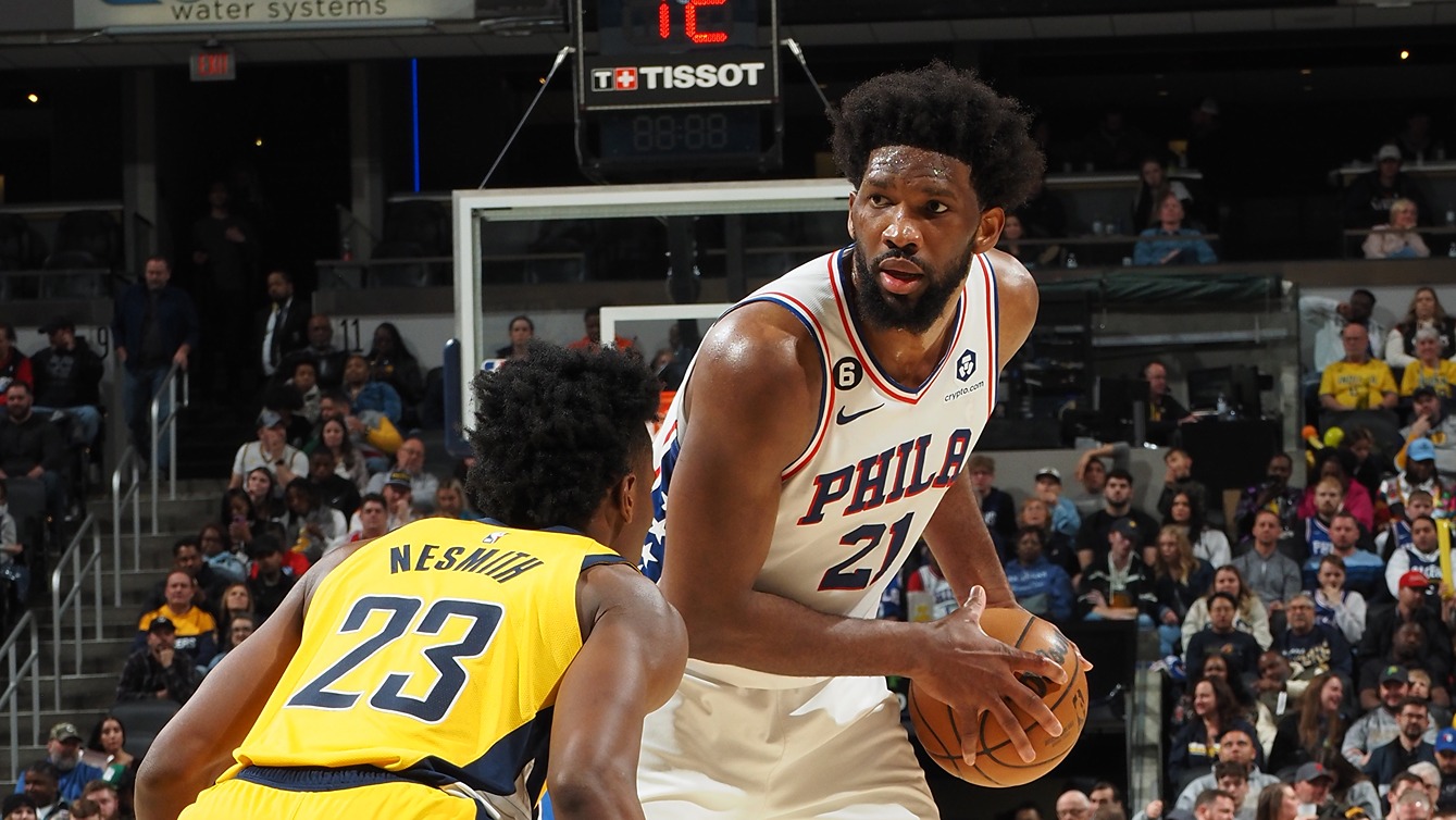 Featured image for Embiid's record-setting performance leads Sixers to eighth straight win over Pacers.