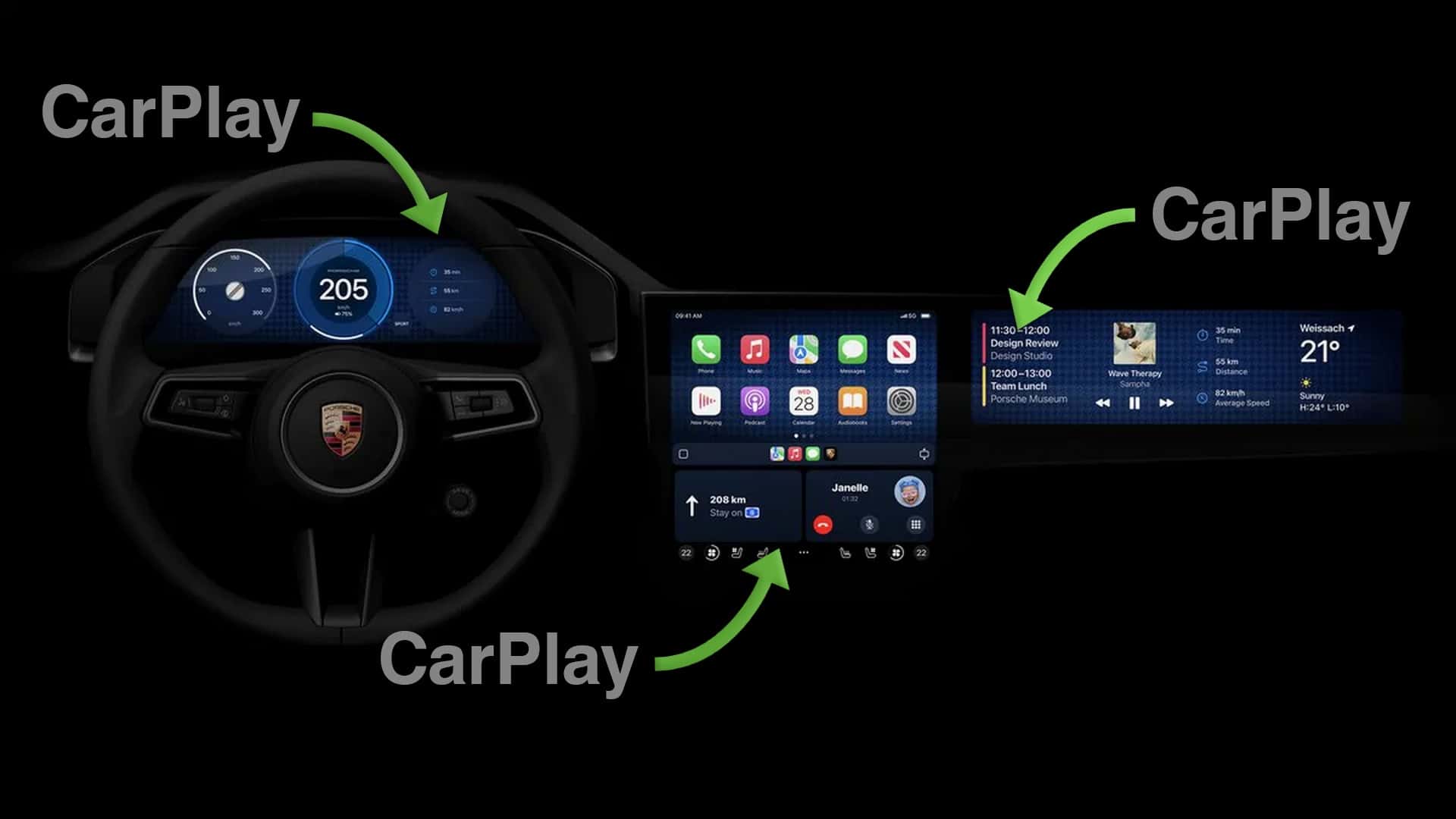 Featured image for Luxury Automakers Aston Martin and Porsche Unveil Next-Gen Apple CarPlay Integration