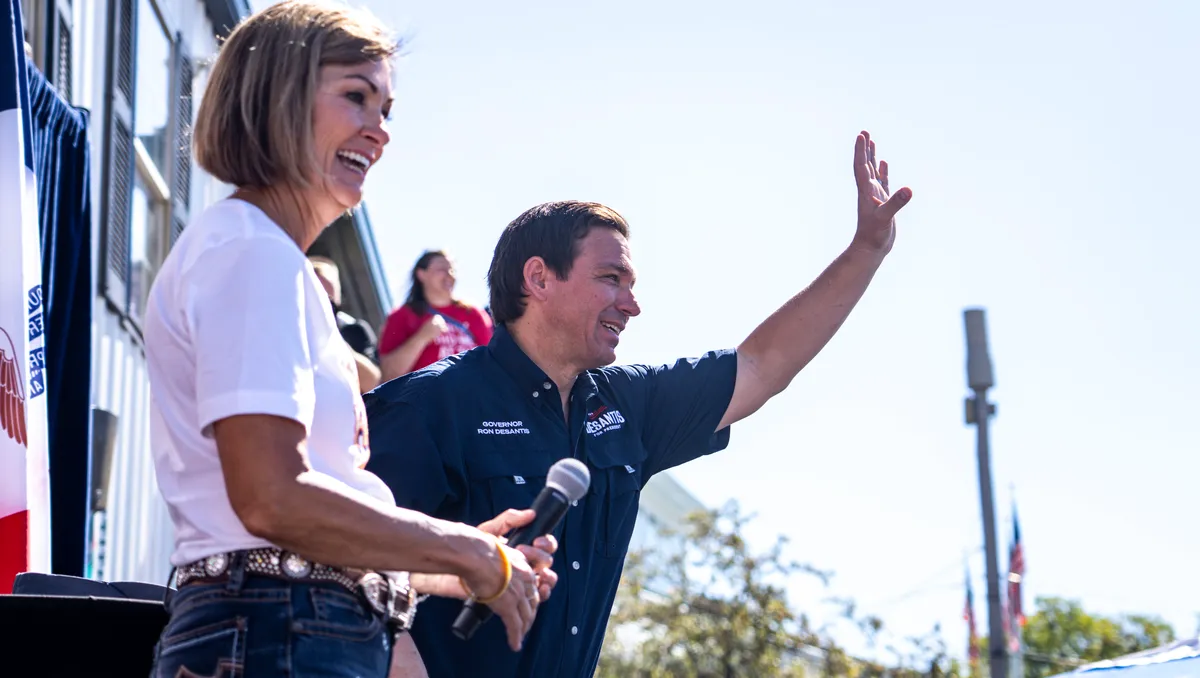 "DeSantis Delivers 2024 Campaign Speech Amidst Protester Disruption in Iowa"