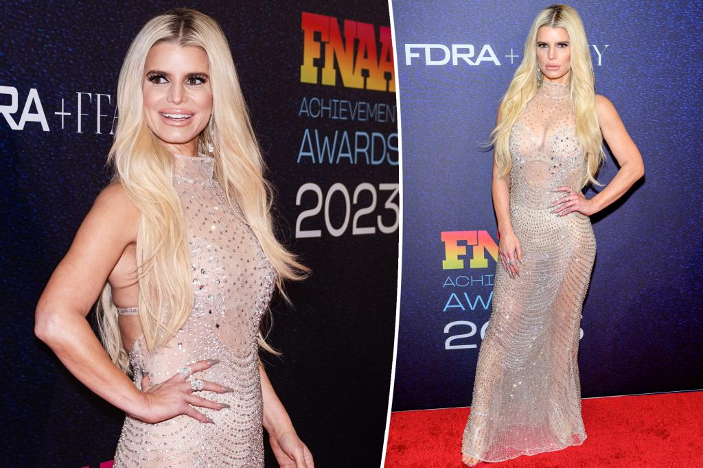 Featured image for "Jessica Simpson steals the spotlight in a dazzling crystal-covered dress at the Footwear News Awards"