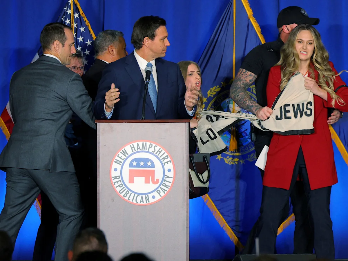 Protesters disrupt DeSantis' speech at GOP fundraiser in New Hampshire.