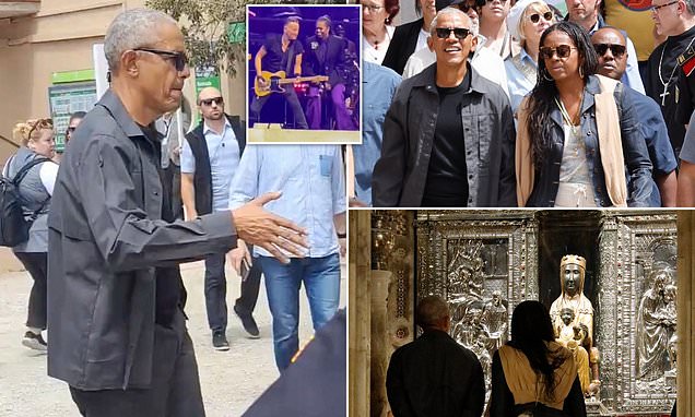 Featured image for Obamas and Spielberg visit Montserrat monastery after Springsteen concert, Michelle shows off tambourine skills and becomes backup singer.