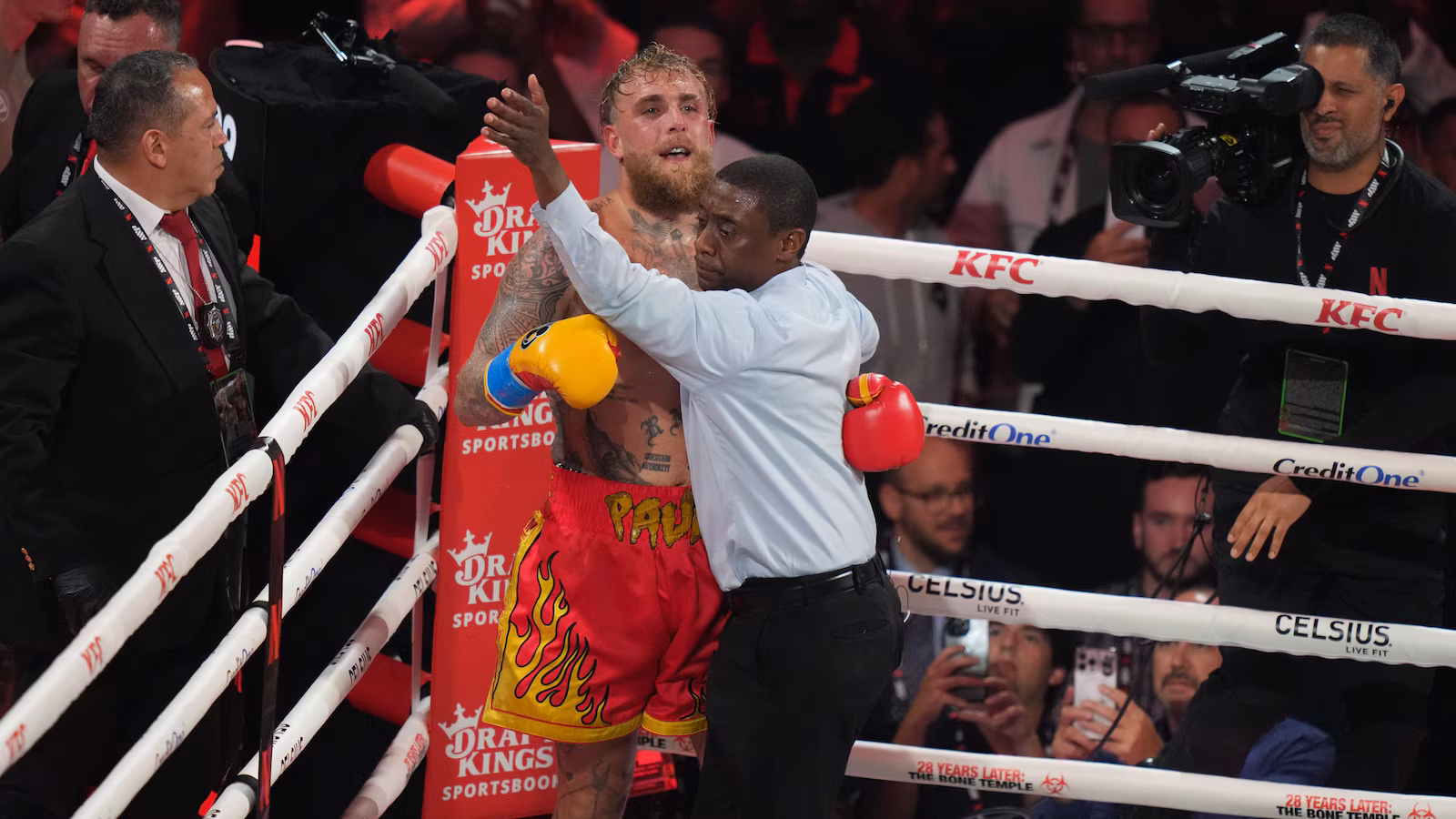 Featured image for Anthony Joshua Knocks Out Jake Paul, Who Sustains Broken Jaw
