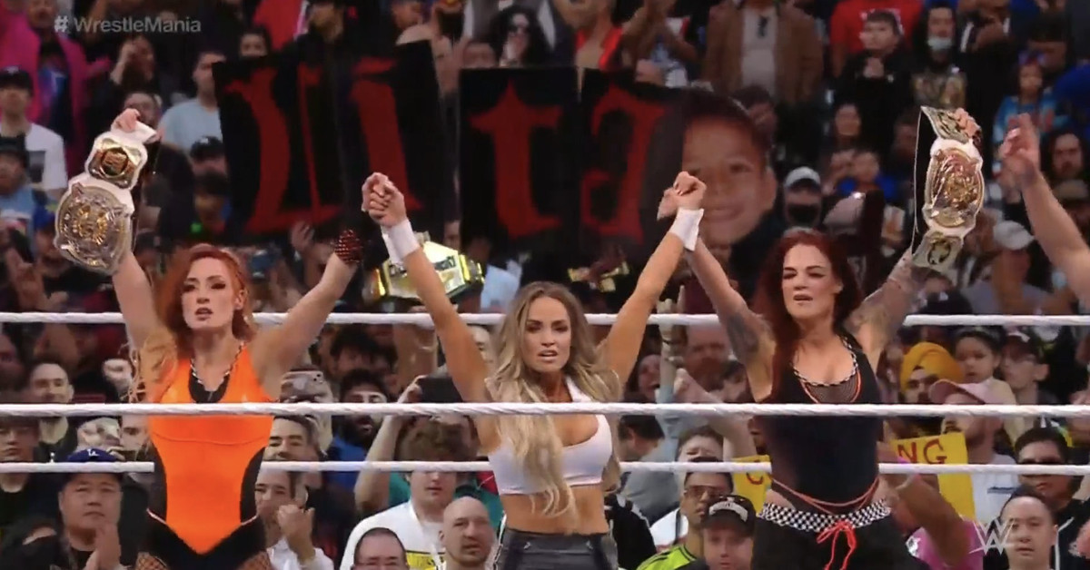 Featured image for Becky Lynch, Lita, and Trish Stratus dominate Damage CTRL at WrestleMania 39.