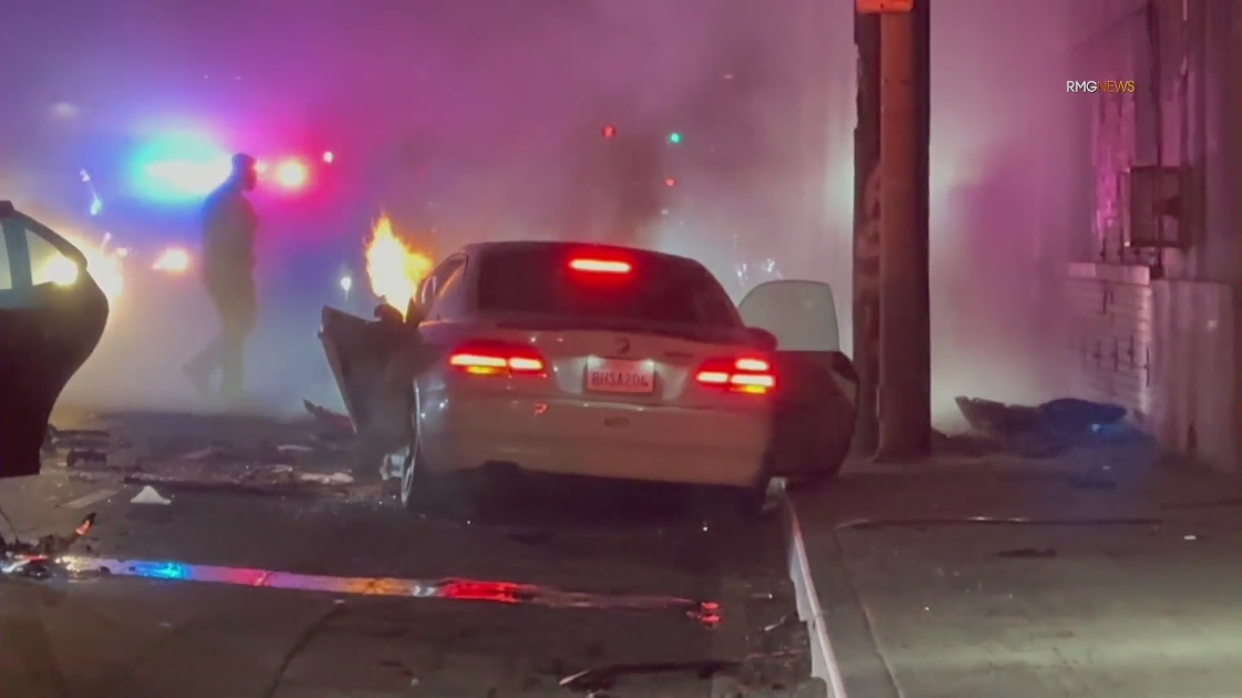 Police pursuit of stolen car in South L.A. ends in fiery crash, injuring innocent victims.