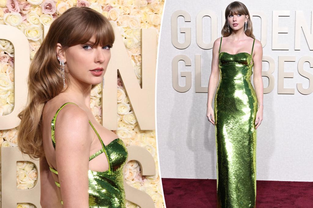 "Taylor Swift Shines in Green Sequined Gown at 2024 Golden Globes"