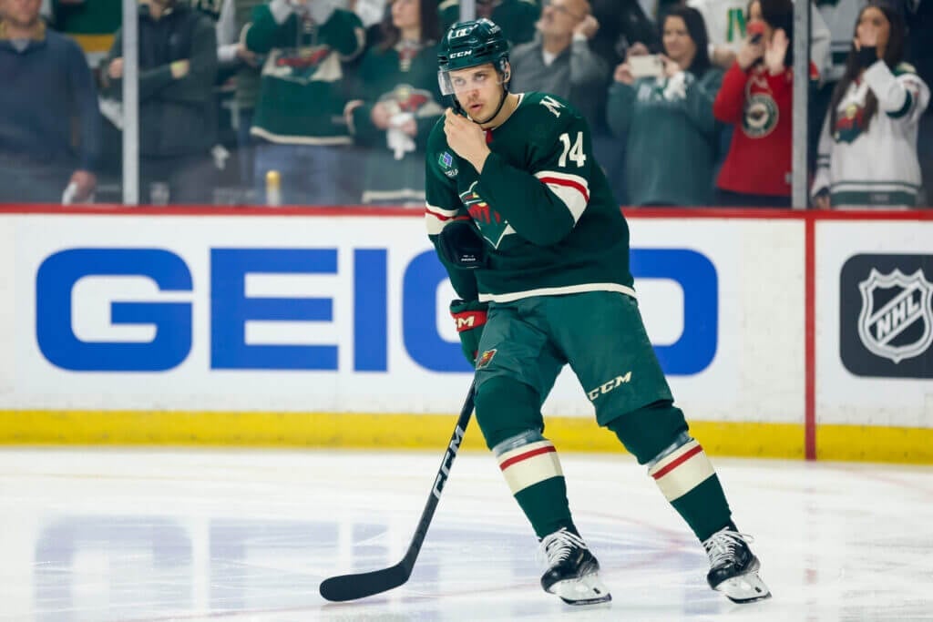 Featured image for Joel Eriksson Ek's brief return ends in injury for Wild.