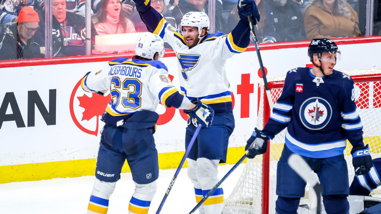 Featured image for Blues Defeat Jets with Kyrou's Double, Extending Winnipeg's Losing Streak
