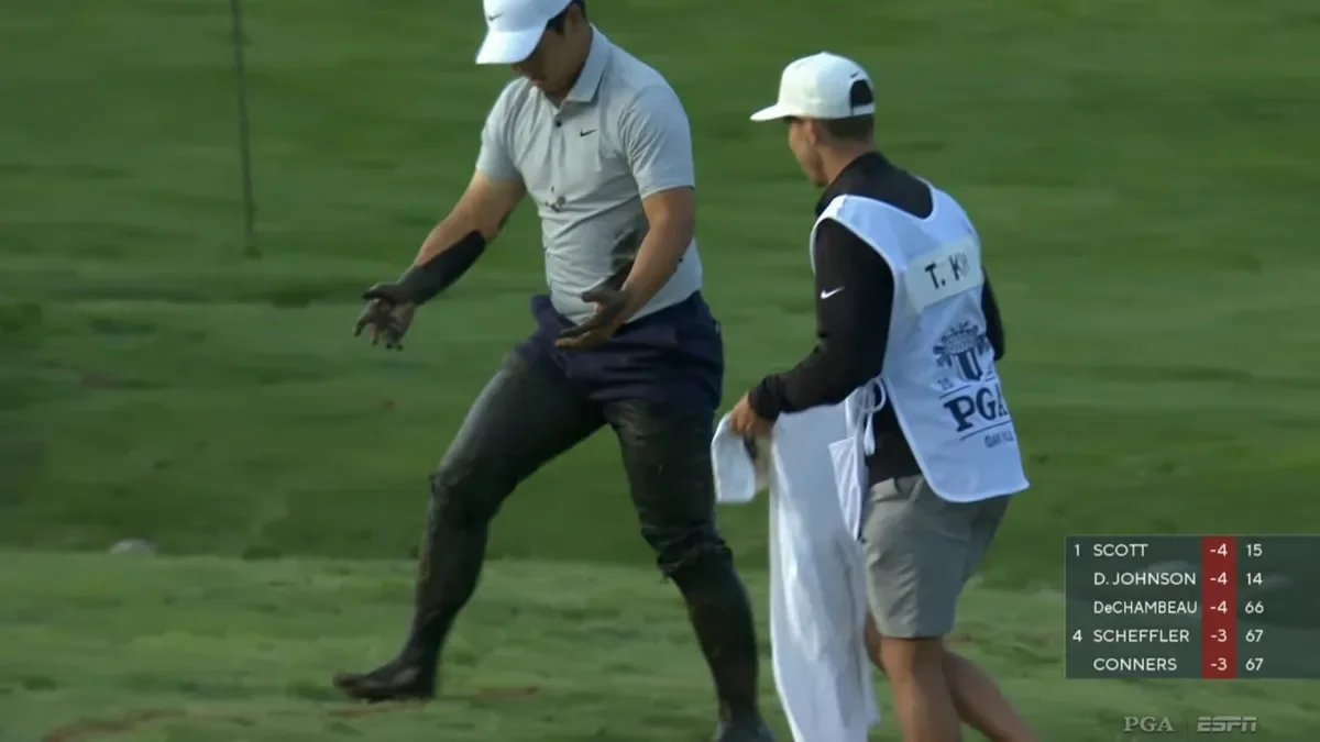 Tom Kim's muddy mishap at PGA Championship goes viral.