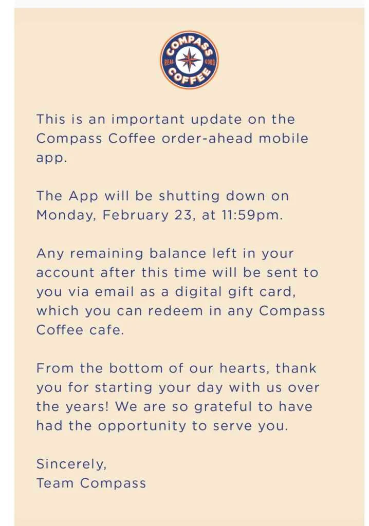Compass Coffee to Shut Down Order-Ahead App This Monday, Balances to Be Issued as Gift Cards