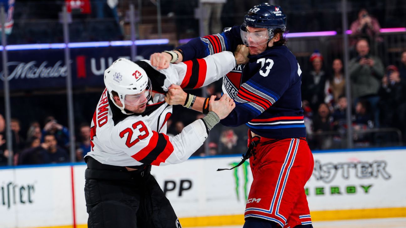 Featured image for "Full Line Brawl Erupts as Rangers-Devils Game Begins"