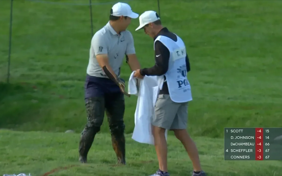 Tom Kim's muddy mishap at PGA Championship goes viral.